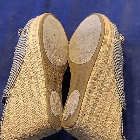 Bongo sz 8.5 dreamer 1 blk/WHT gingham fabric upper wedge open toe sa dle/shoe - Picture 6 of 9